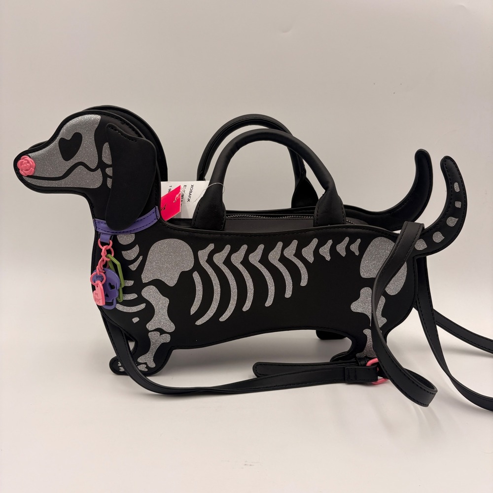 Betsey Johnson Halloween XOBARK Skeleton Dachshund Crossbody Bag Black Doxie Bag - Picture 13 of 14